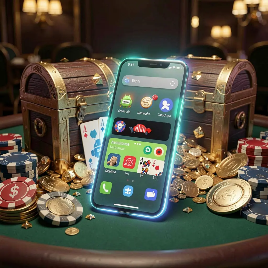 Glowing smartphone displaying RM888 casino APK with Android-style app layout, surrounded by treasure chest, chips, and coins in a luxury 3D render