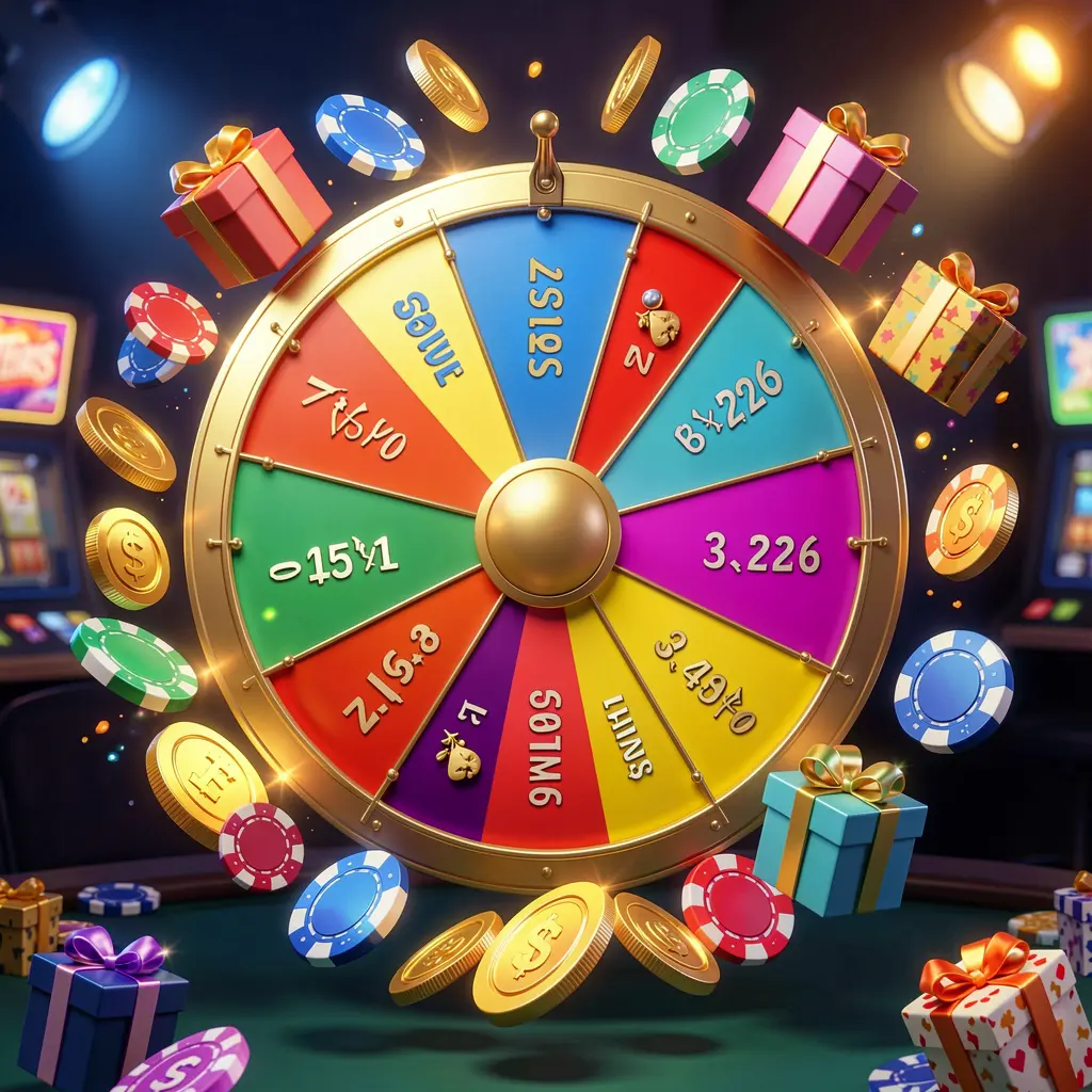 RM888 online casino bonus wheel with colorful prize wheel surrounded by golden coins, chips, and gift boxes, glowing casino lights creating an exciting jackpot atmosphere on a dark background