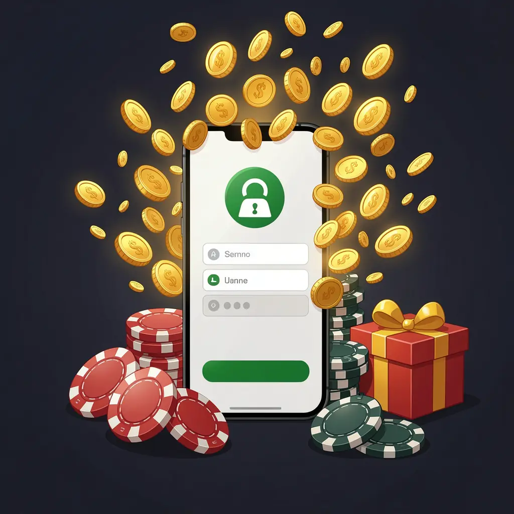 RM888 casino user login illustration showing a phone with a secure access icon, golden coins bursting from the screen, poker chips and a gift box nearby on a dark premium background