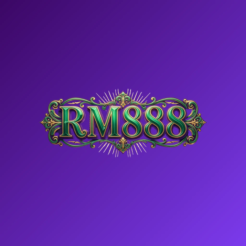 Luxury colorful RM888 logo featuring bold serif typography in rich emerald, violet, and gold with elegant glowing ornaments, designed as a premium brand identity on a transparent background for a website header