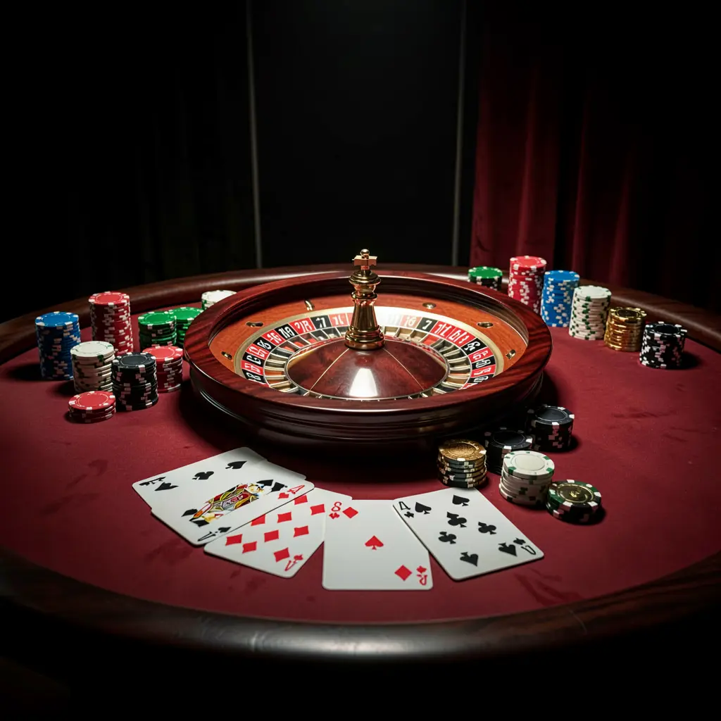 Elegant online casino gaming table featuring roulette, blackjack cards, poker chips, and coins with luxury cinematic lighting on a black and red background, representing RM888's responsible gaming platform in Malaysia